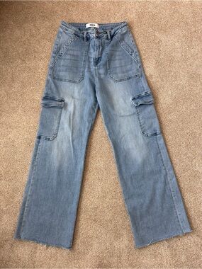 Mica Los Angeles Wide Leg Cargo Jeans Raw Hem Soft Denim Light Wash Size 28